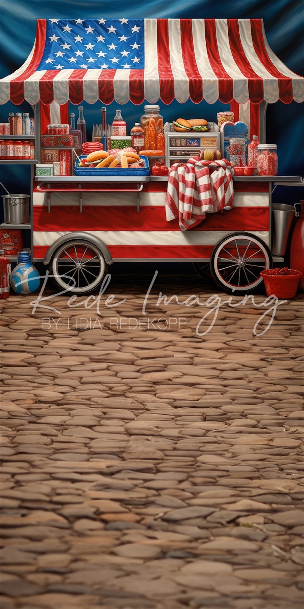 Kate Sweep Independence Day Red Plaid Cloth Iron Hot Dog Stand Backdrop Designed by Lidia Redekopp