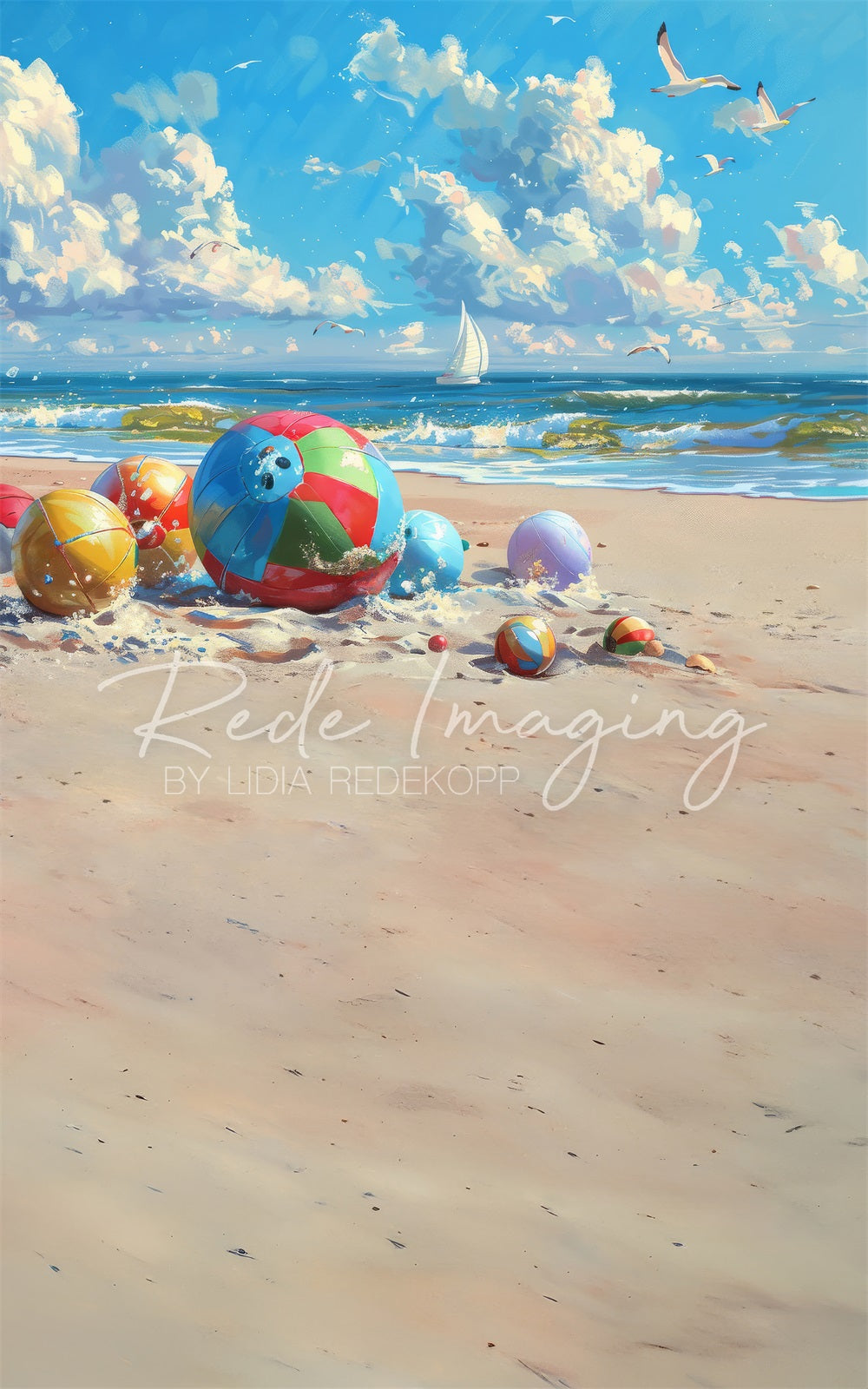 Kate Sweep Summer Fine Art Cartoon Sea Colorful Beach Ball White Sailboat Seagull Wave Backdrop Designed by Lidia Redekopp