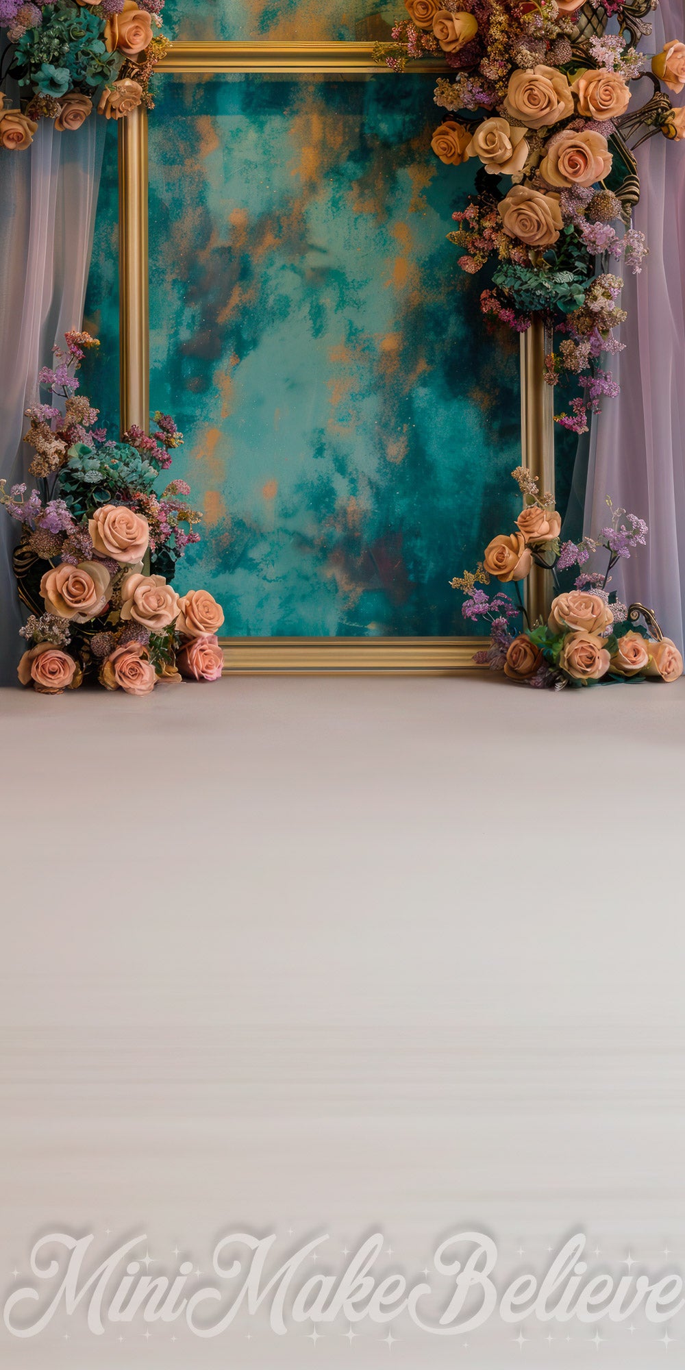 Kate Sweep Vintage Colorful Flower Gold Frame Purple Curtain Dark Green Gradient Wall with Teal Cream Floor Backdrop Designed by Mini MakeBelieve
