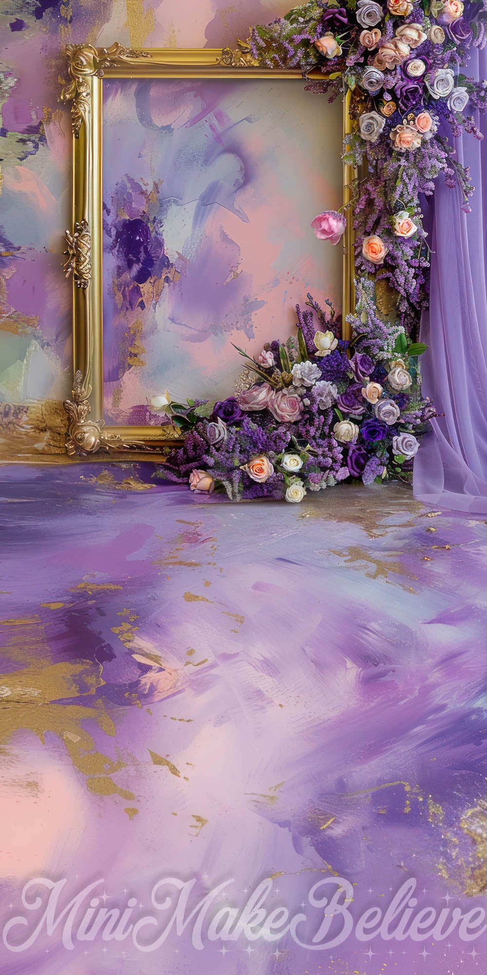 Kate Sweep Vintage Fine Art Colorful Flower Gold Frame Purple Curtain and Gradient Wall Backdrop Designed by Mini MakeBelieve