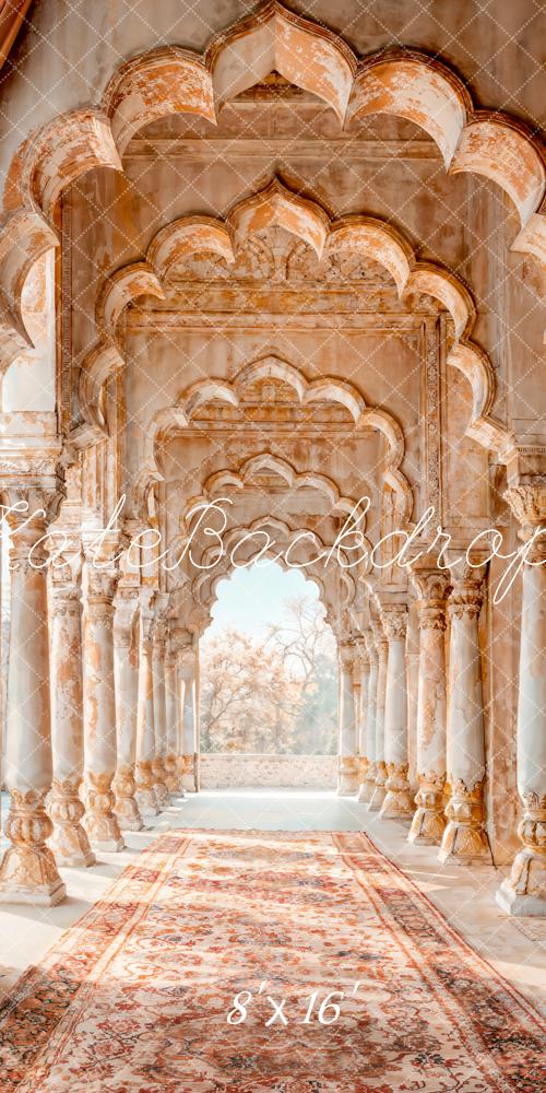 Kate Sweep Retro Art Red Brown Arch Palace Hallway Backdrop Designed by Emetselch
