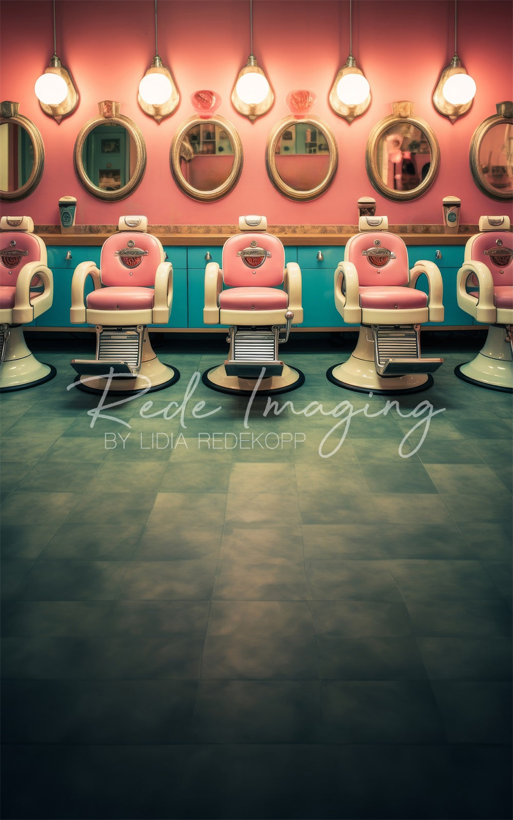 Kate Sweep Retro Green Cabinet Pink Salon Beauty Shop Backdrop Designed by Lidia Redekopp
