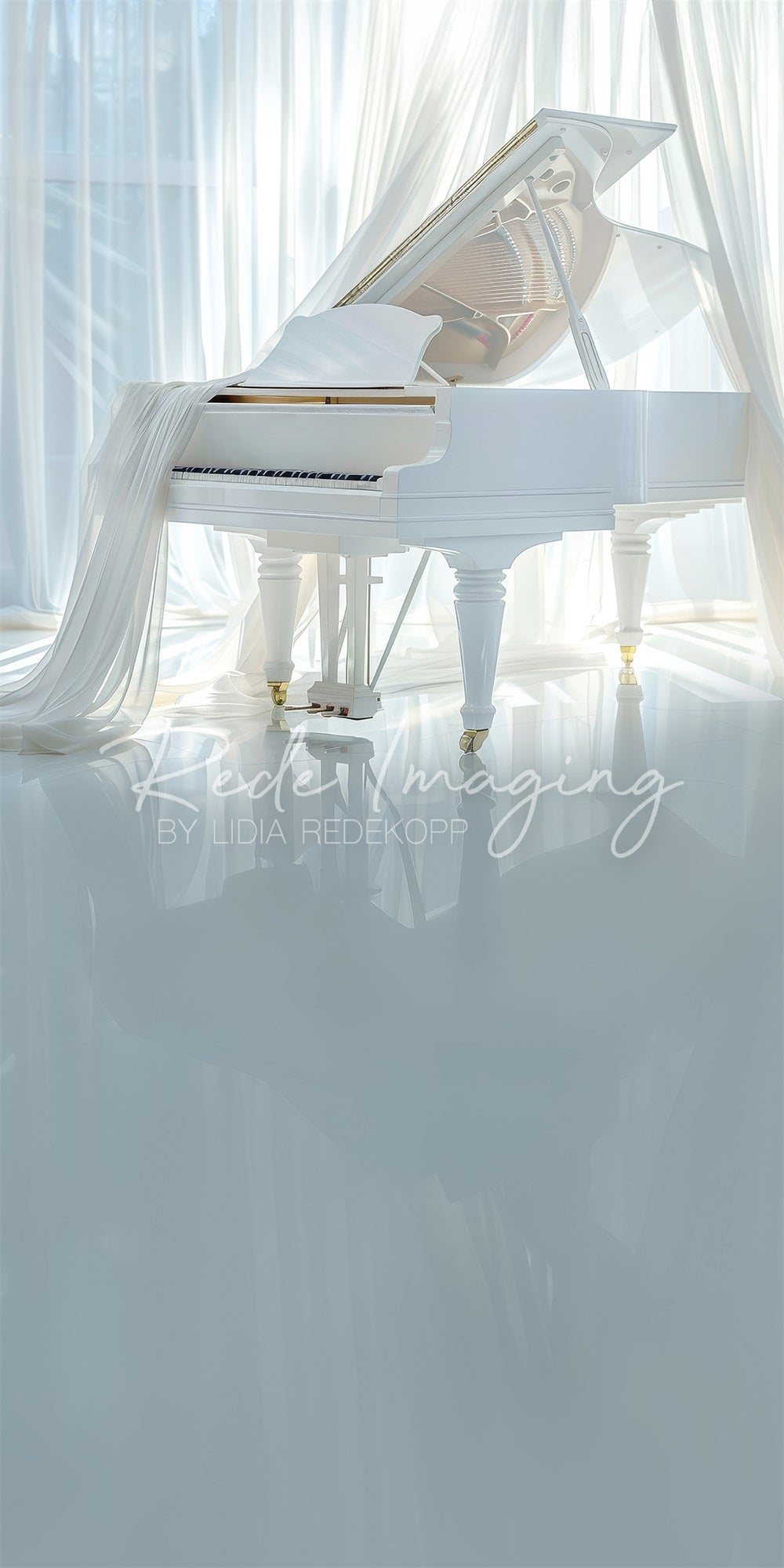Kate Sweep White Curtain Piano Backdrop Designed by Lidia Redekopp