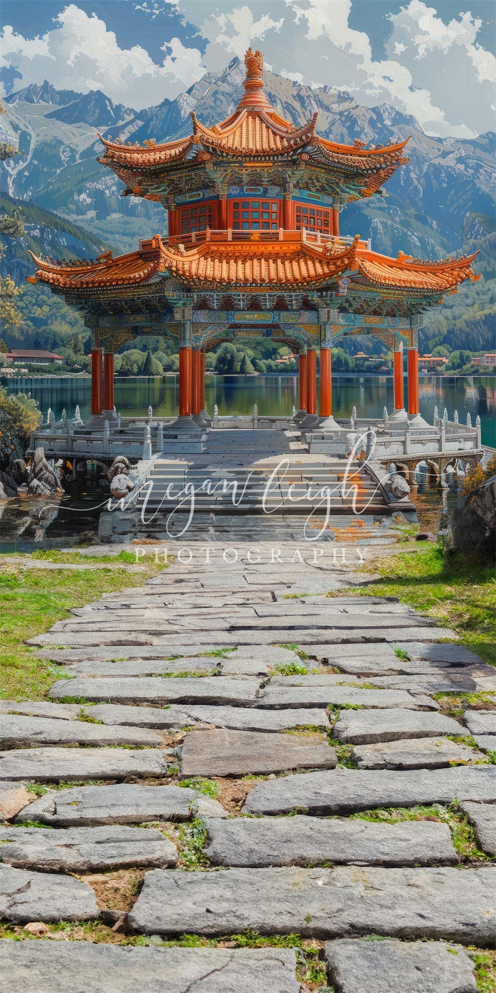 Kate Sweep Fine Art Mountain Forest Lake Chinese Pagoda Stone Path Backdrop Designed by Megan Leigh Photography