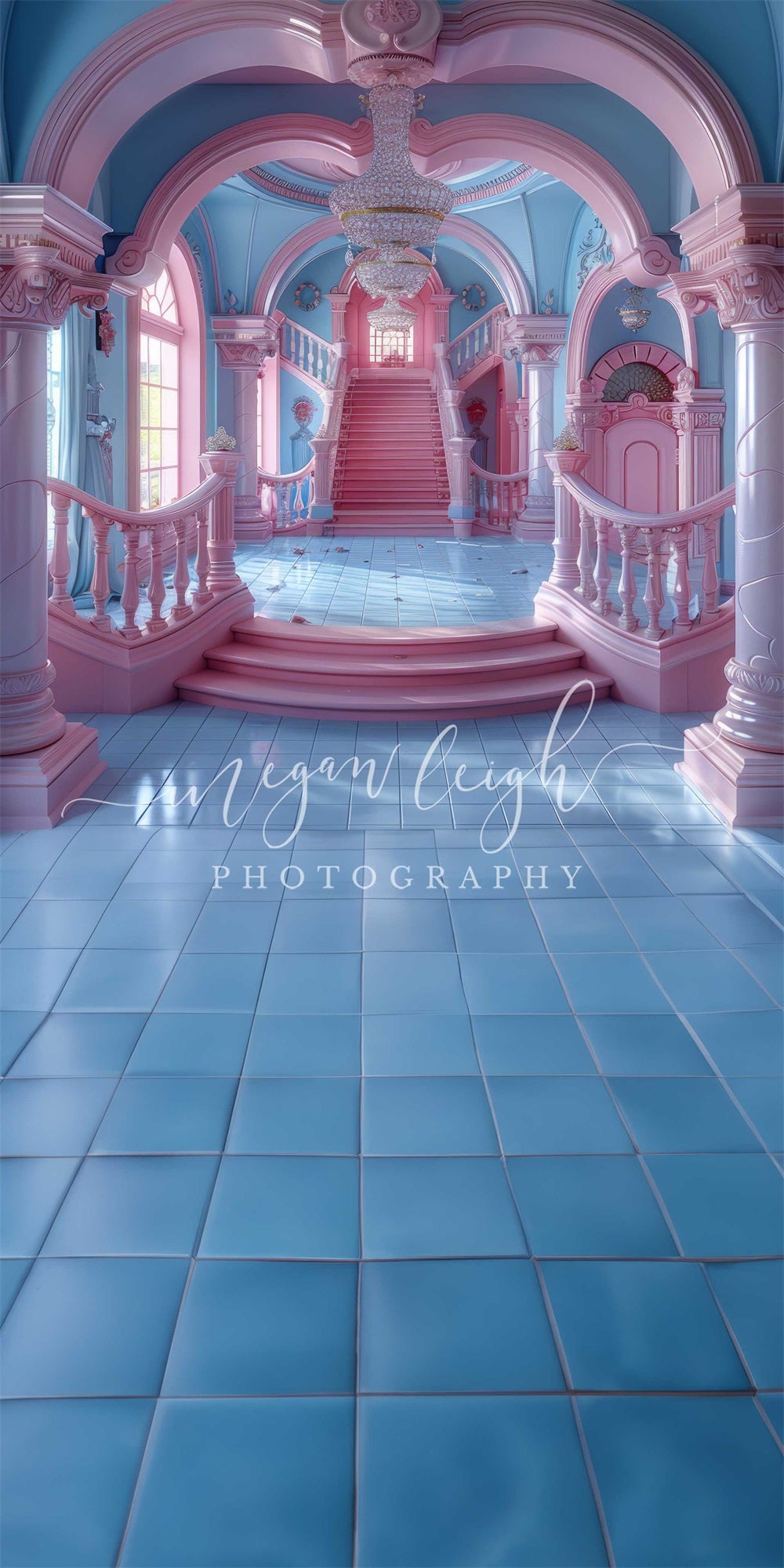 Kate Sweep Indoor Princess Fantasy Doll Pink and Blue Arched Hall Backdrop Designed by Megan Leigh Photography