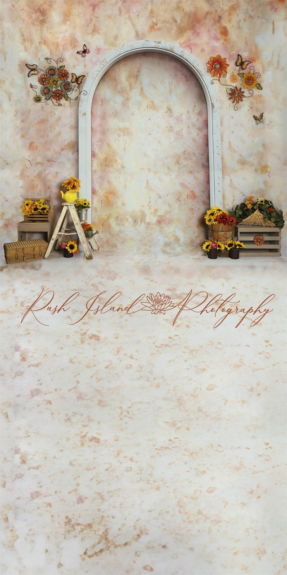 Kate Sweep Vintage Yellow Sunflower Butterfly White Marble Arch Colorful Wall Backdrop Designed by Laura Bybee
