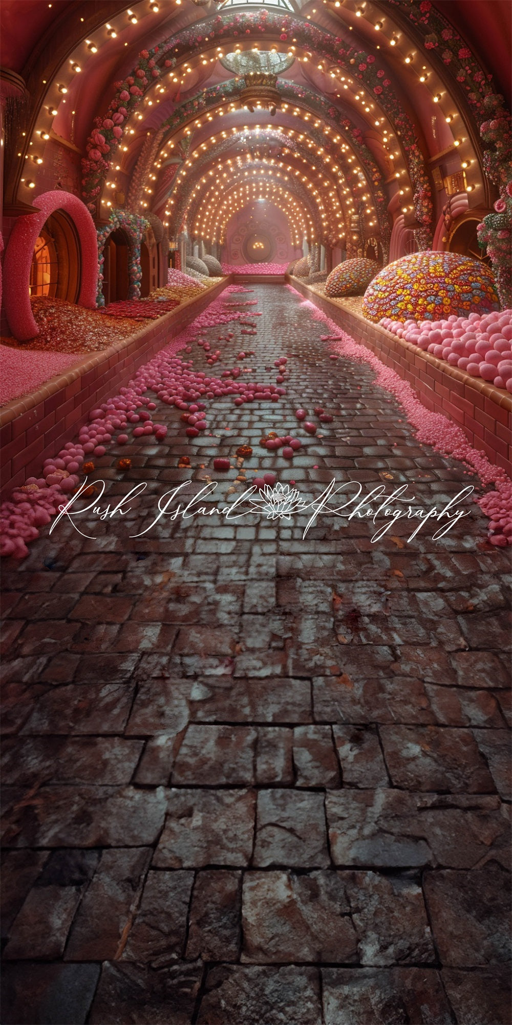 Kate Sweep Retro Pink Candy Colorful Flower Bokeh Black Brick Road Arched Cathedral Backdrop Designed by Laura Bybee