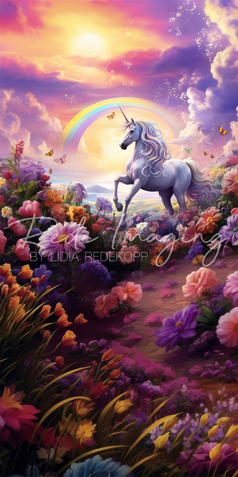 Kate Sweep Dreamy Cartoon Colorful Flower Rainbow White Unicorn Green Meadow Backdrop Designed by Lidia Redekopp