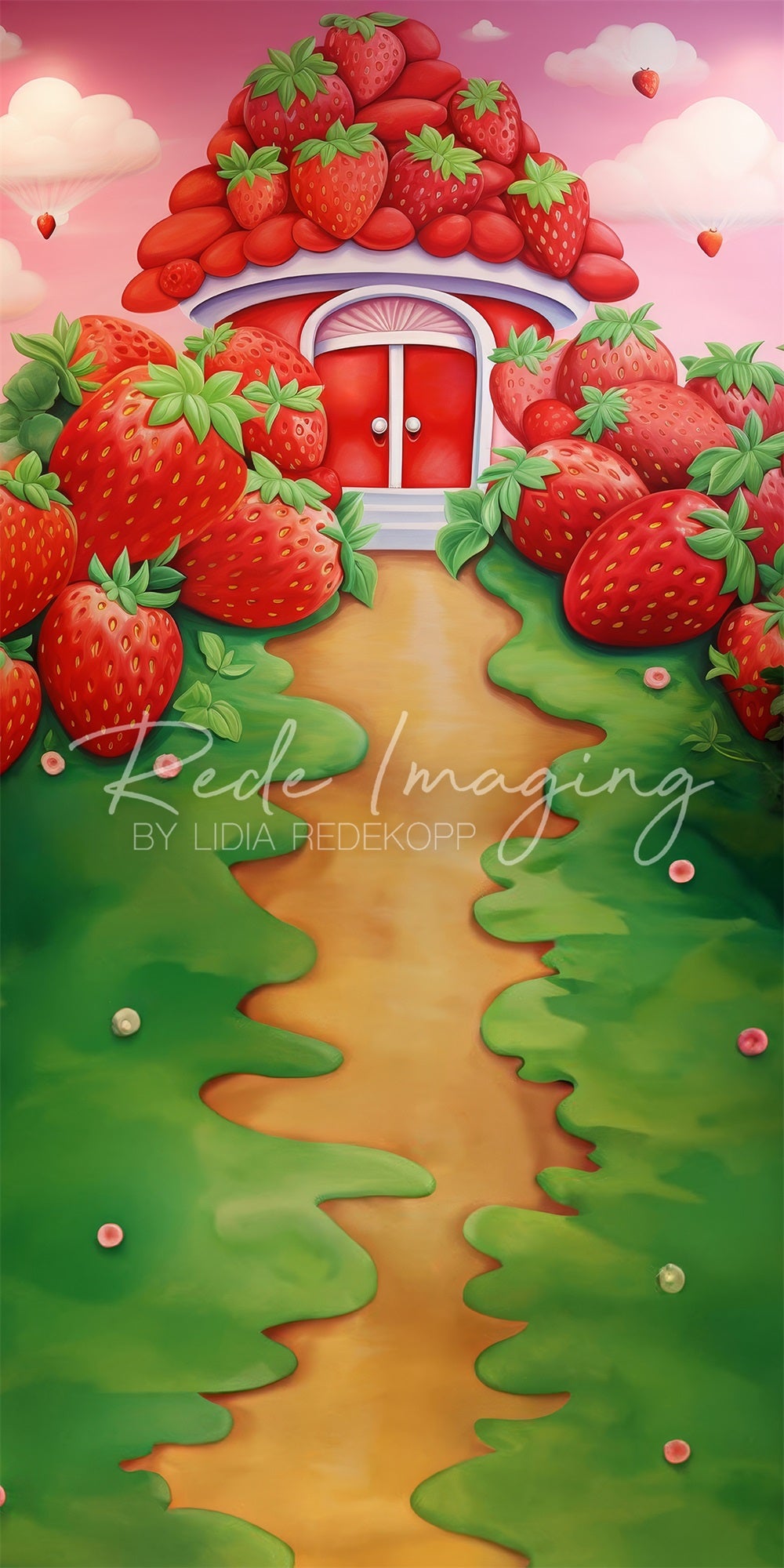 Kate Sweep Cartoon White Cloud Pink Sky Green Meadow Red Strawberry House Backdrop Designed by Lidia Redekopp