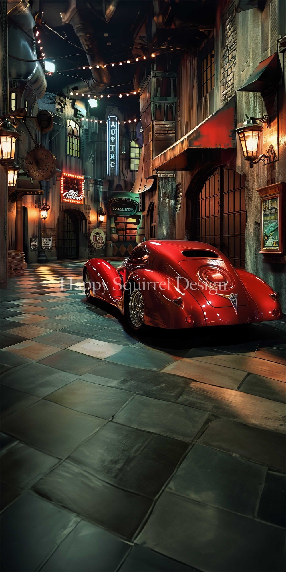 Kate Sweep Retro Night Automatic Street Shop Red Car Backdrop Designed by Happy Squirrel Design