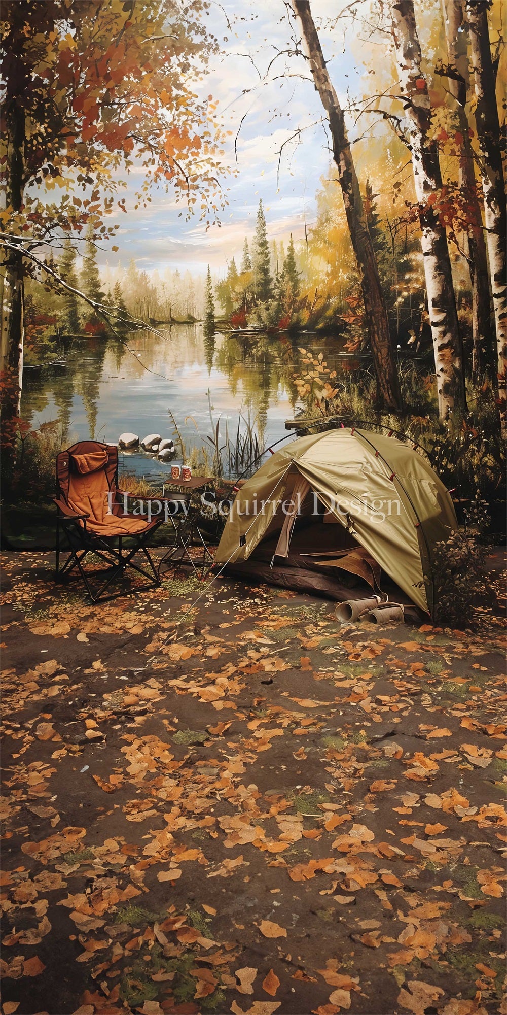 Kate Sweep Autumn Outdoor Forest Camping Tent Lake Red Chair Backdrop Designed by Happy Squirrel Design