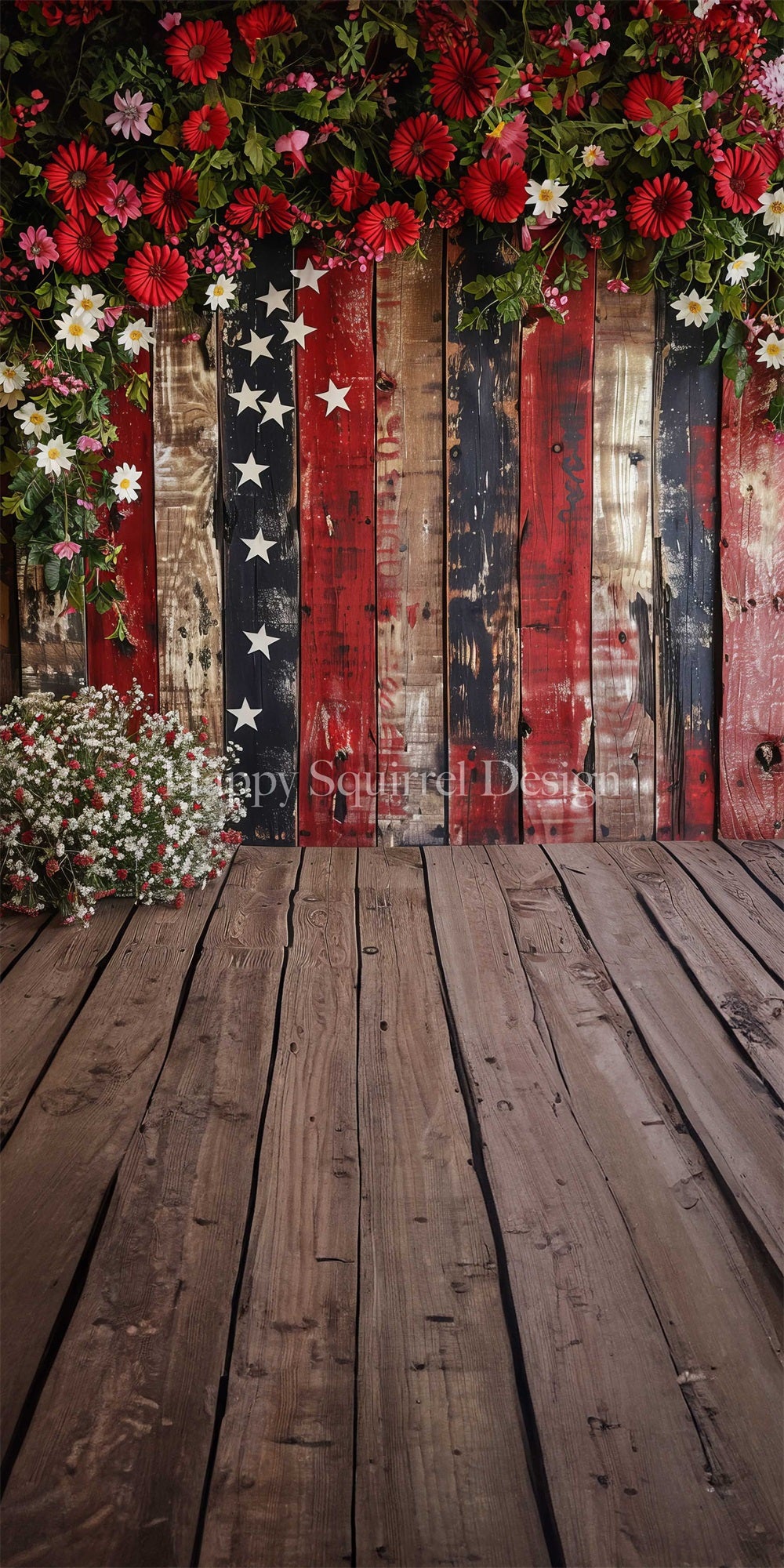 Kate Sweep Vintage White Star Fine Art Colorful Floral Wooden Wall Backdrop Designed by Happy Squirrel Design