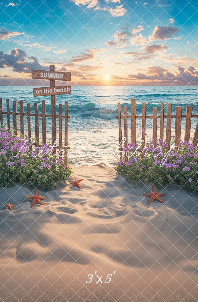 Kate Summer Sea Beach Sunset Purple Flower Brown Wooden Fence Backdrop Designed by Chain Photography