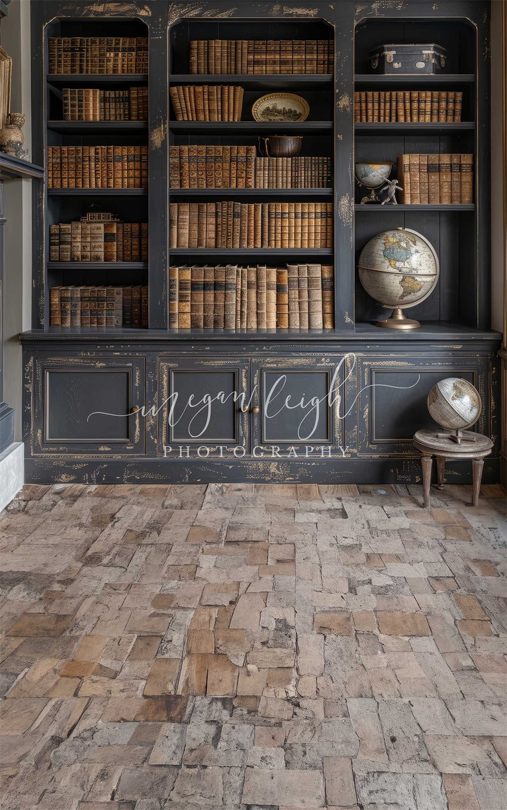 Kate Sweep Retro Shabby Black Bookcase Backdrop Designed by Megan Leigh Photography
