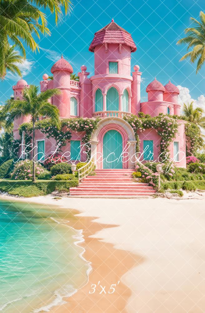 Kate Summer Sea Blue Sky White Cloud Green Plant Pink Retro Floral Castle Backdrop Designed by Chain Photography