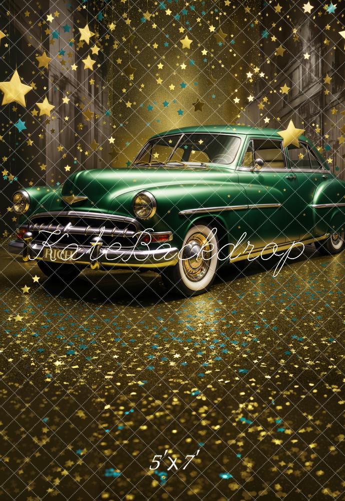 Kate Vintage Night Street Sparkling Star Dark Green Car Backdrop Designed by Chain Photography