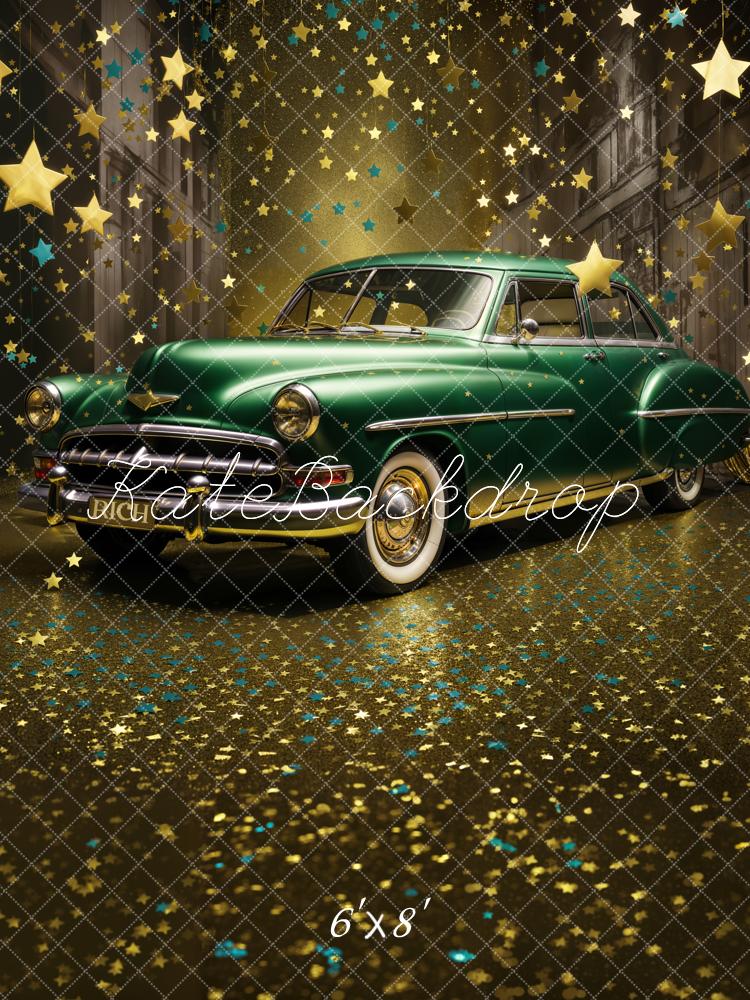 Kate Vintage Night Street Sparkling Star Dark Green Car Backdrop Designed by Chain Photography