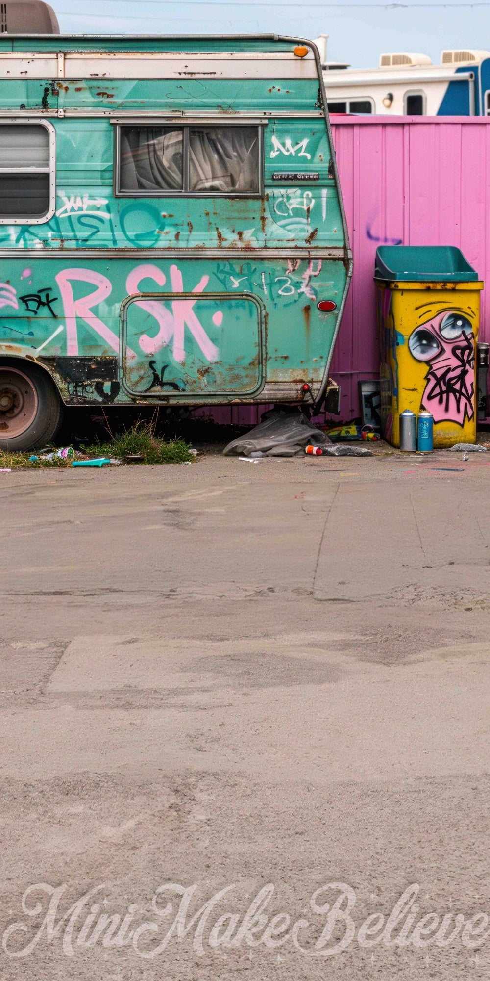 Kate Sweep Vintage Broken Colorful Graffiti Green Truck Backdrop Designed by Mini MakeBelieve