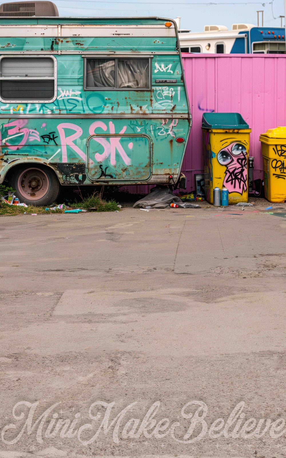 Kate Sweep Vintage Broken Colorful Graffiti Green Truck Backdrop Designed by Mini MakeBelieve