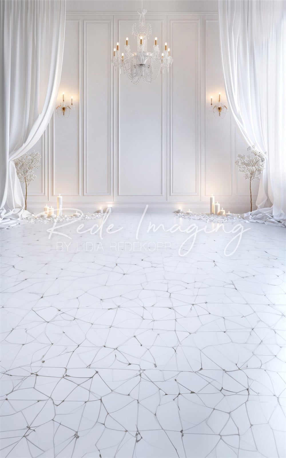 Kate Sweep Retro Elegant White Curtain and Chandelier Backdrop Designed by Lidia Redekopp