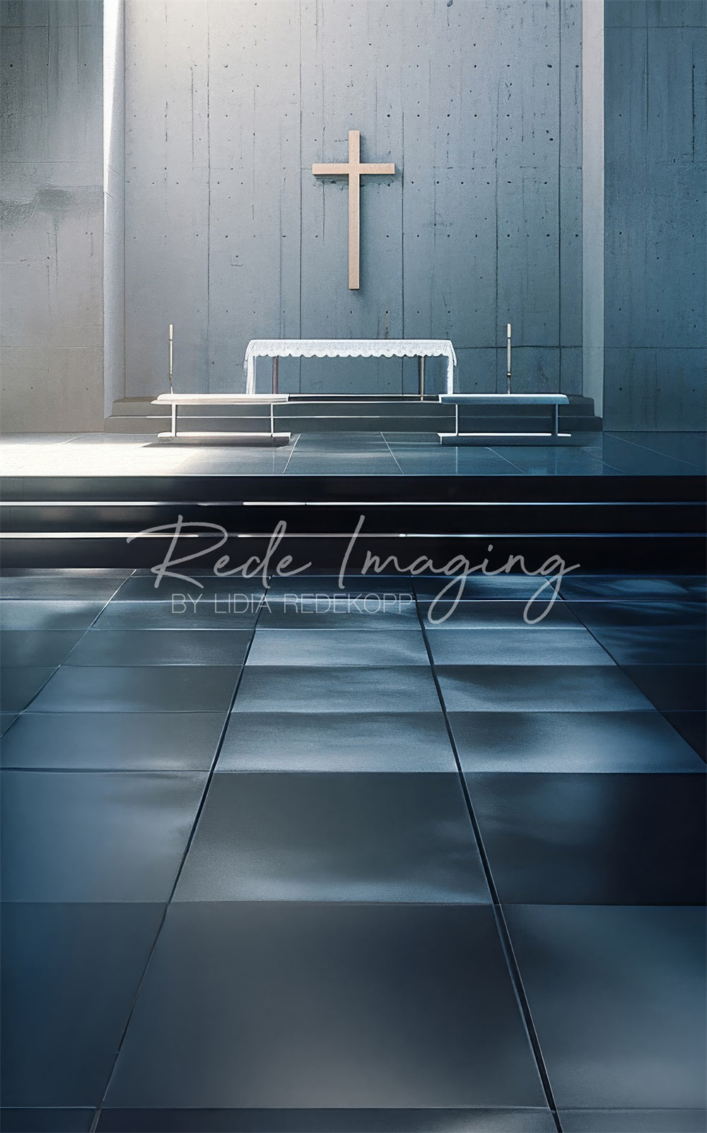 Kate Sweep Modern White Cross Grey Church Altar Backdrop Designed by Lidia Redekopp