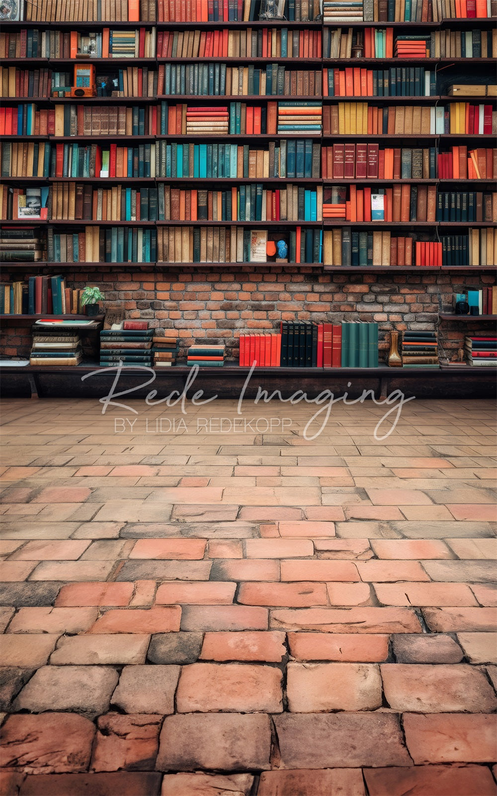 Kate Sweep Vintage Dark Brown Wooden Old Bookshelf Red Broken Brick Wall Backdrop Designed by Lidia Redekopp