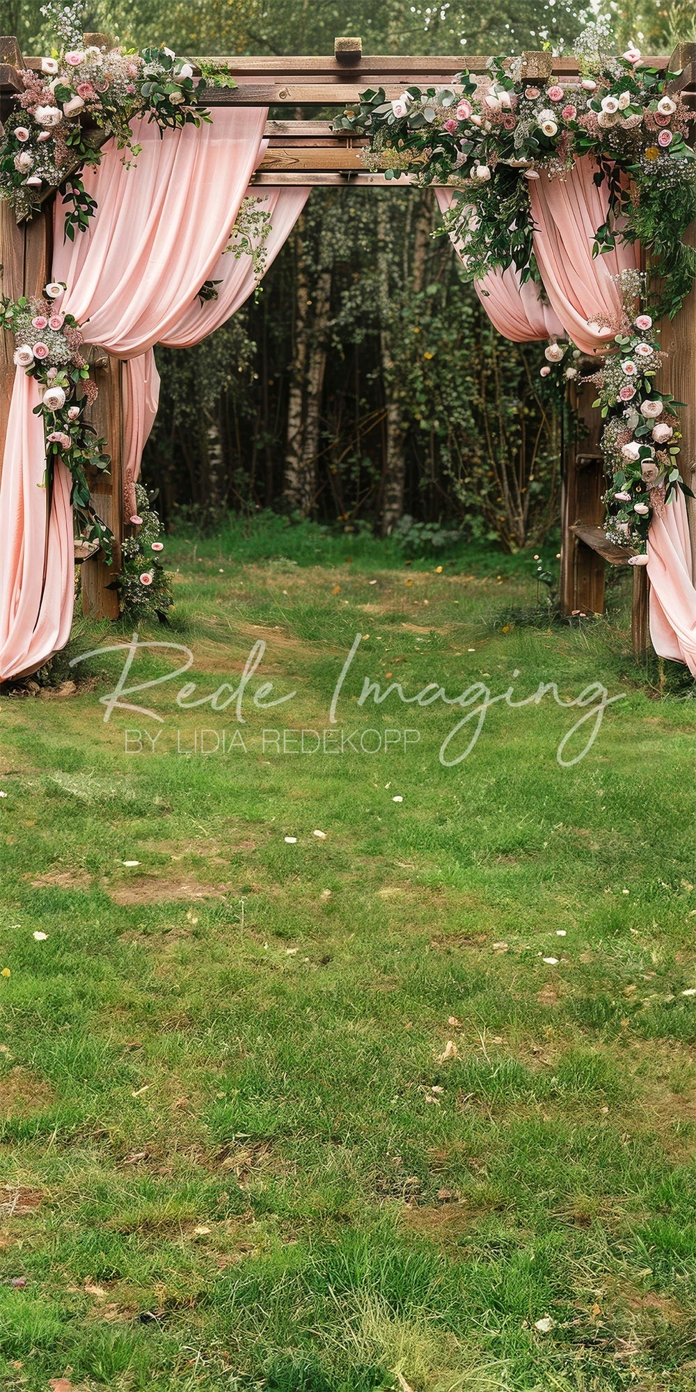 Kate Sweep Summer Forest Wedding Pink Curtain Floral Brown Framed Door Backdrop Designed by Lidia Redekopp