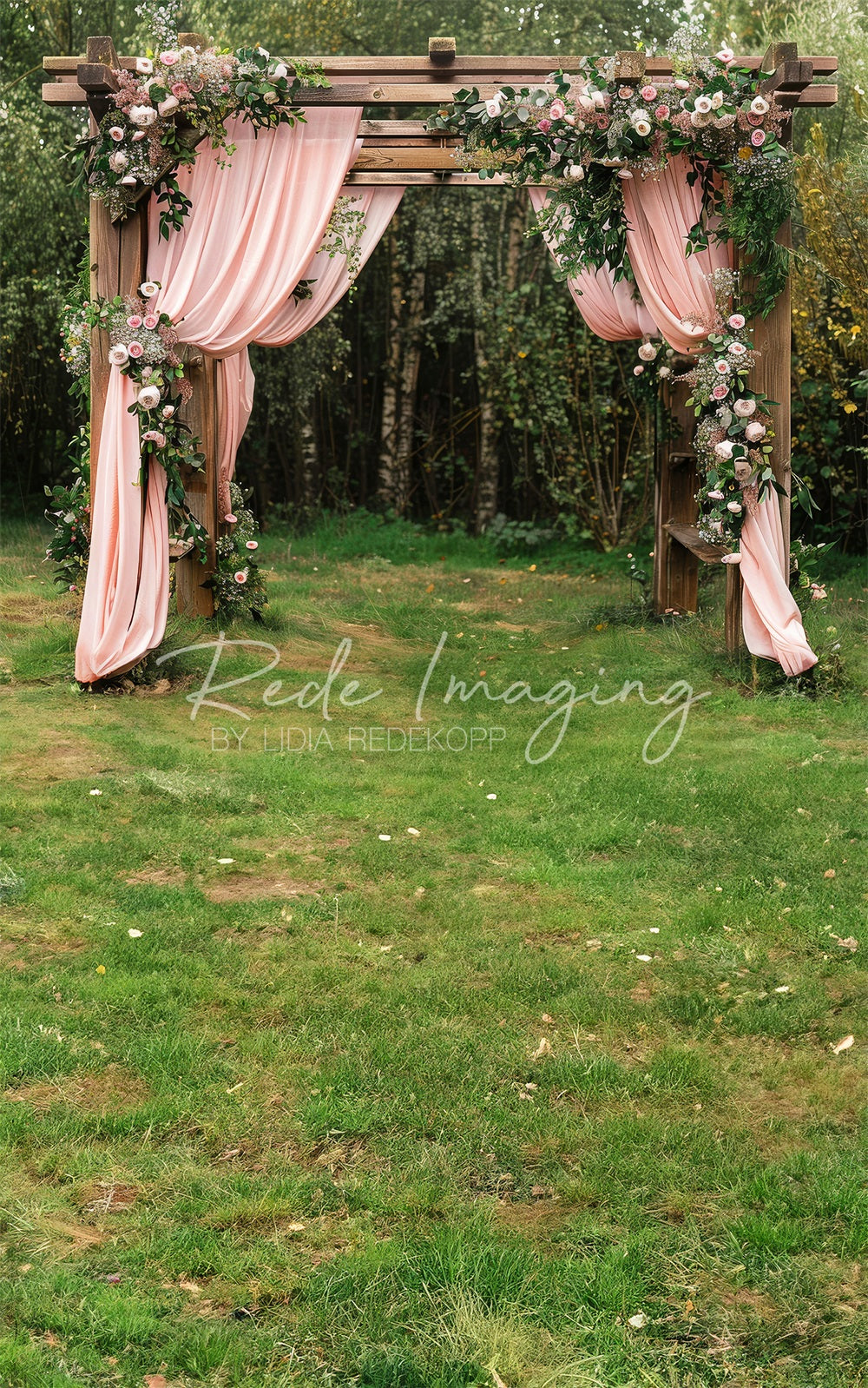 Kate Sweep Summer Forest Wedding Pink Curtain Floral Brown Framed Door Backdrop Designed by Lidia Redekopp