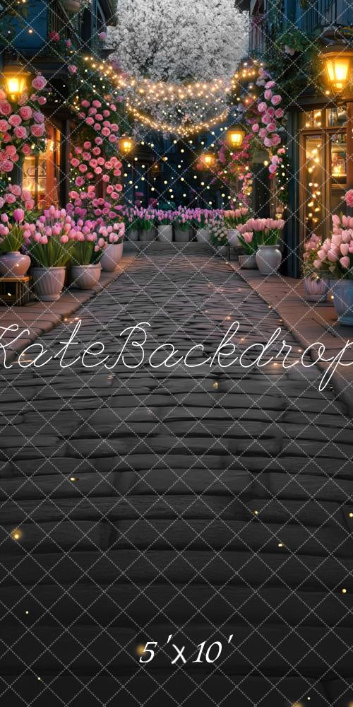 Kate Spring Night Village Floral Street Lanterns Backdrop Designed by Mini MakeBelieve