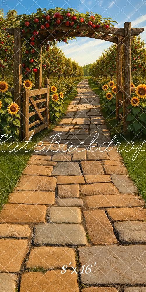 Kate Sweep Fall Orchard Wooden Arch Sunflowers Path Backdrop Designed by Mini MakeBelieve