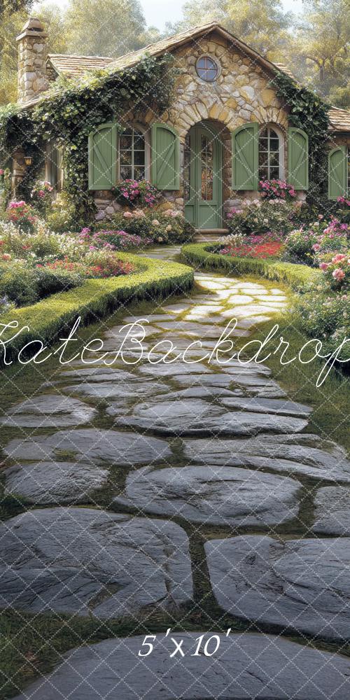 Kate Rustic Stone Cottage Garden Path Flowers Backdrop Designed by Mini MakeBelieve