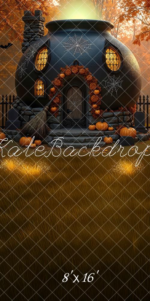 Kate Sweep Halloween Witch Cauldron House Pumpkins Leaves Backdrop Designed by Mini MakeBelieve