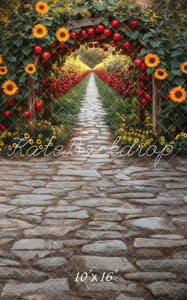 Kate Fall Sunflower Archway Red Apples Cobblestone Path Backdrop Designed by Mini MakeBelieve