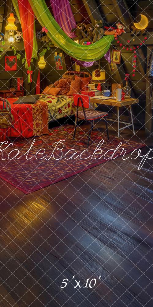 Kate Sweep Halloween Attic Kids Bedroom Teddy Bears Colorful Drapes Backdrop Designed by Mini MakeBelieve