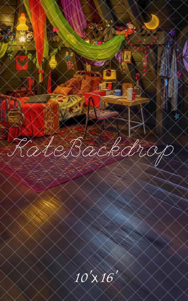 Kate Sweep Halloween Attic Kids Bedroom Teddy Bears Colorful Drapes Backdrop Designed by Mini MakeBelieve