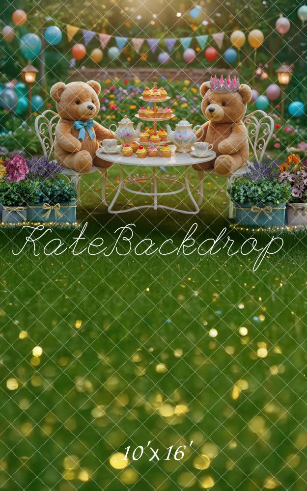 Kate Birthday Teddy Bears Tea Party Garden Balloons Flowers Backdrop Designed by Mini MakeBelieve
