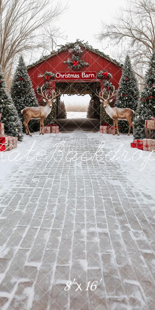 Kate Sweep Christmas Barn Snowy Wooden Bridge Path Reindeers Backdrop Backdrop Designed by Patty Robert