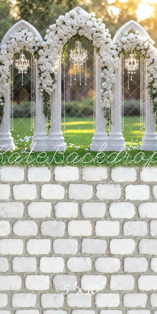 Kate Sweep Spring Flower Arch White Roses Chandelier Columns Backdrop Designed by Mini MakeBelieve