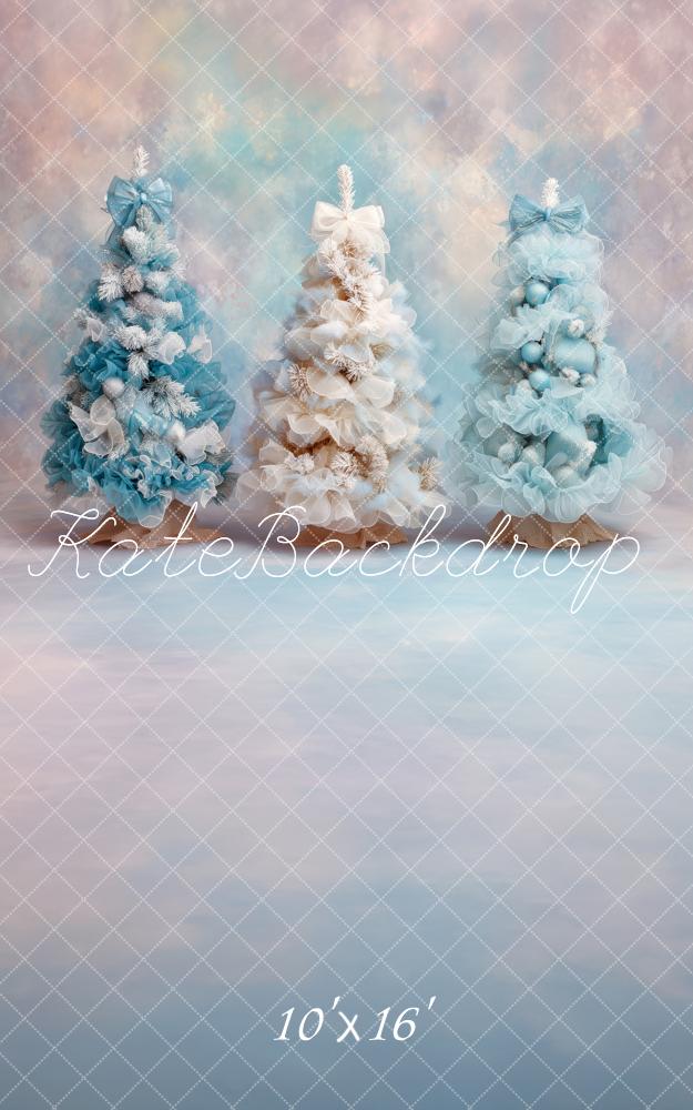 Kate Christmas Flocked Trees Ribbons Bows Dreamy Pastel Clouds Backdrop Designed by Patty Robert
