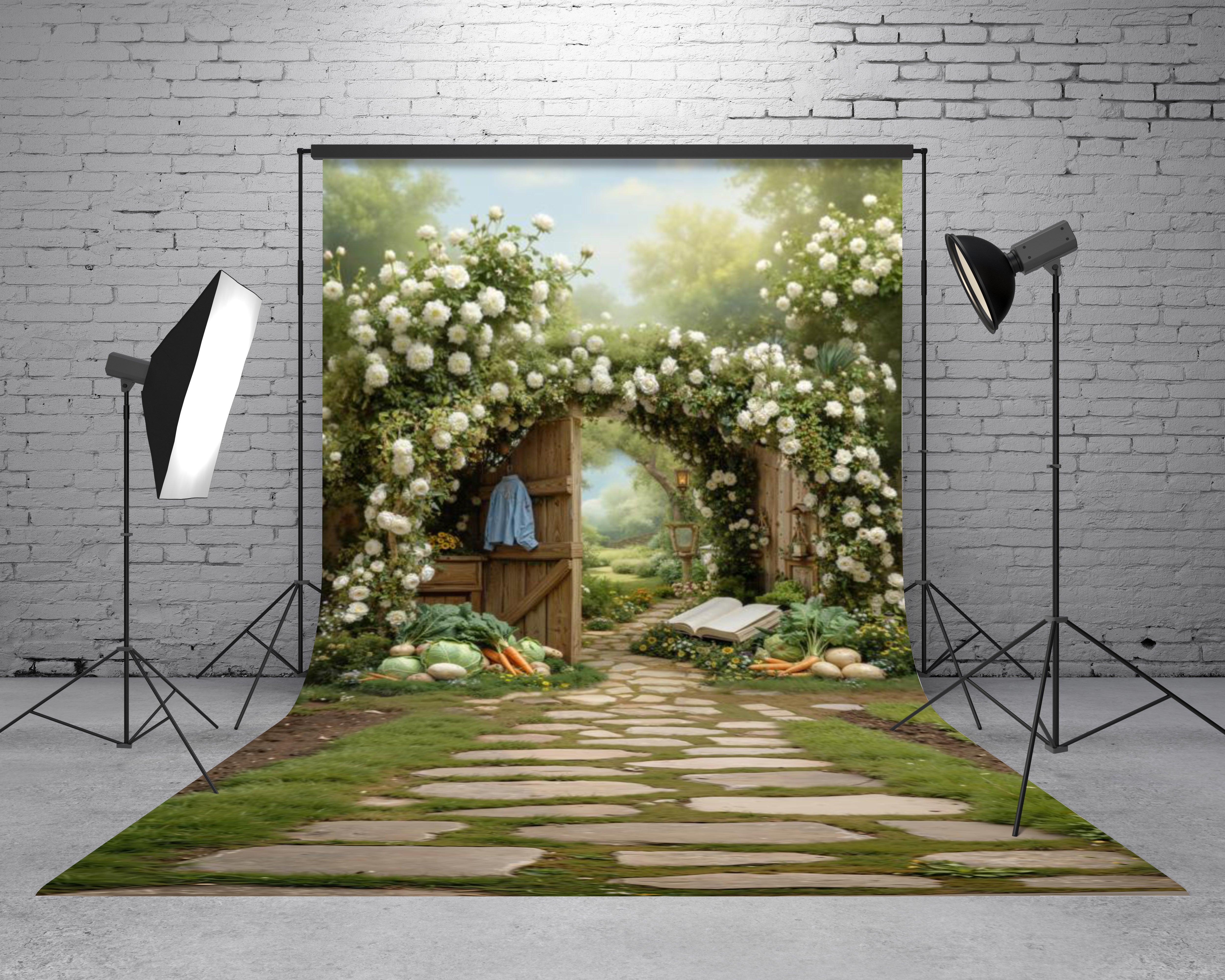 Kate Sweep Flower Arch Garden Pathway Vegetables Open Book Printed Backdrop Designed by Chain Photography