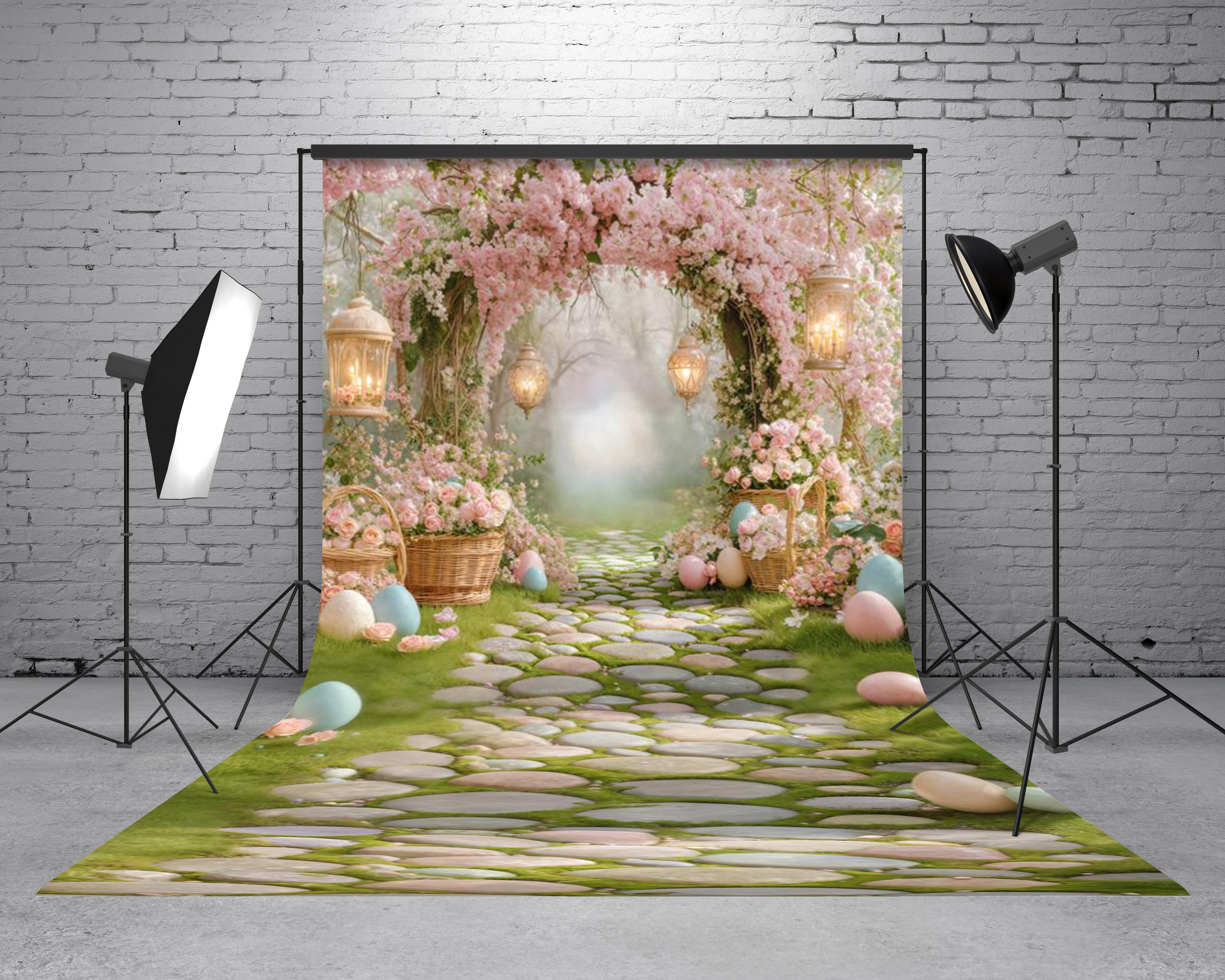Kate Sweep Easter Flower Arch Pastel Easter Eggs Cobblestone Path Pink Blossoms Printed Backdrop Designed by Emetselch
