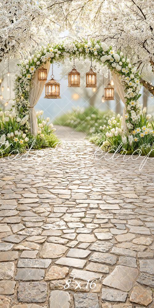 Kate Sweep Spring Flower Arch White Blossoms Lanterns Pathway Backdrop Designed by Emetselch