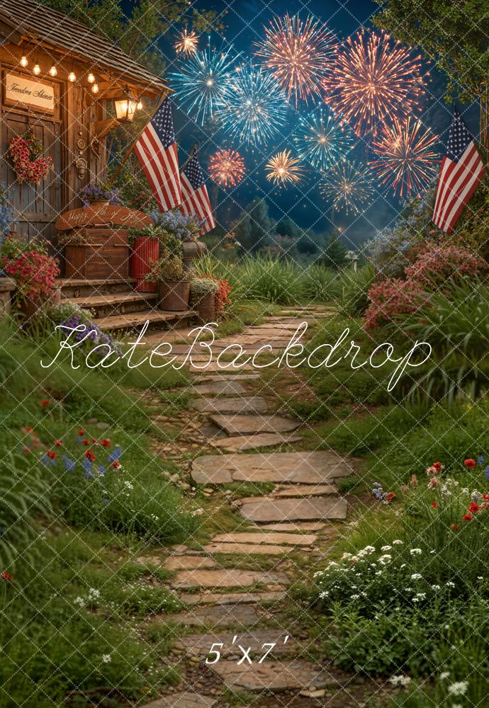 Kate 4th of July Patriotic Fireworks Porch Garden American Flags Printed Backdrop Designed by Emetselch