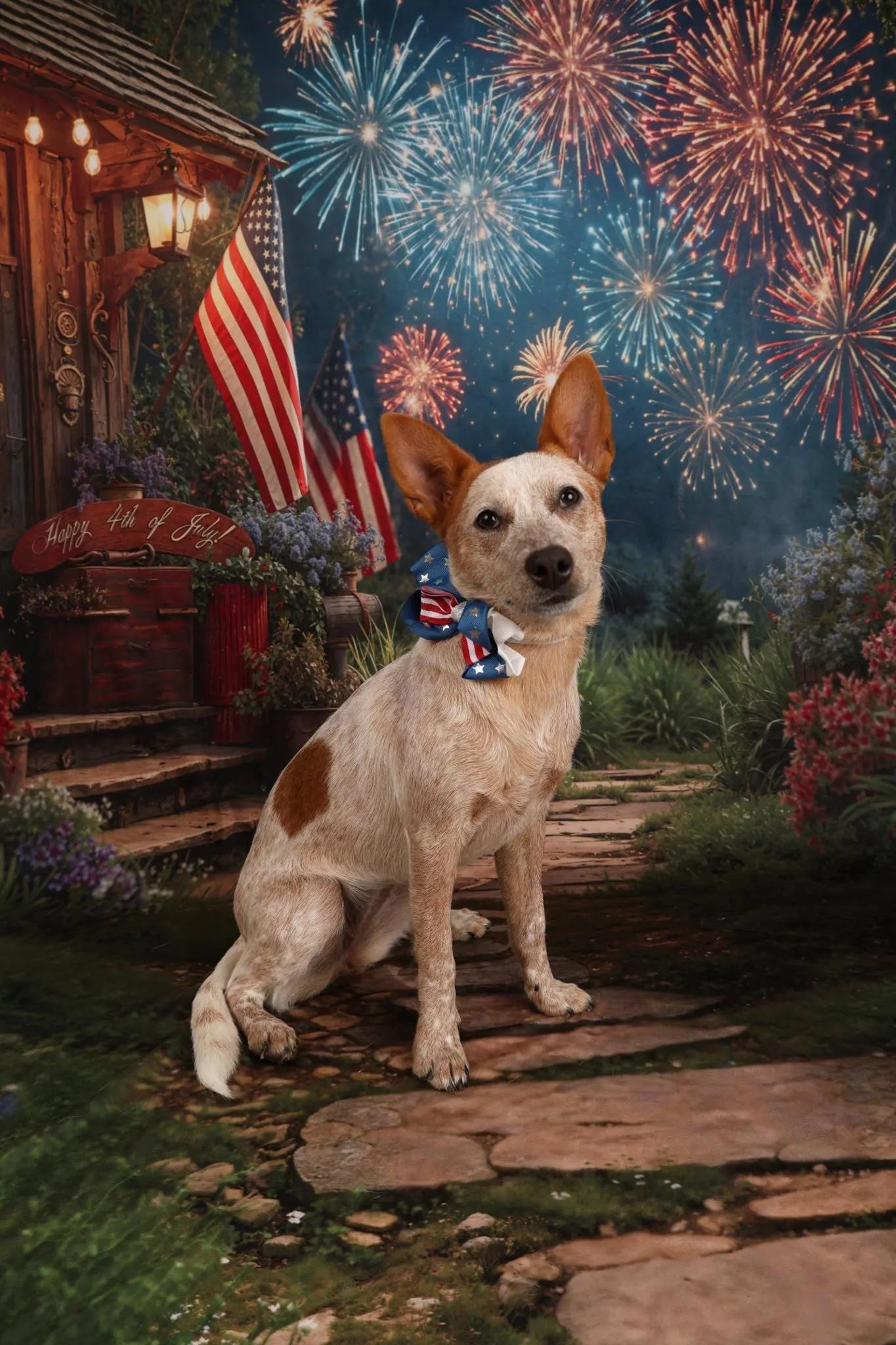 Kate 4th of July Patriotic Fireworks Porch Garden American Flags Printed Backdrop Designed by Emetselch