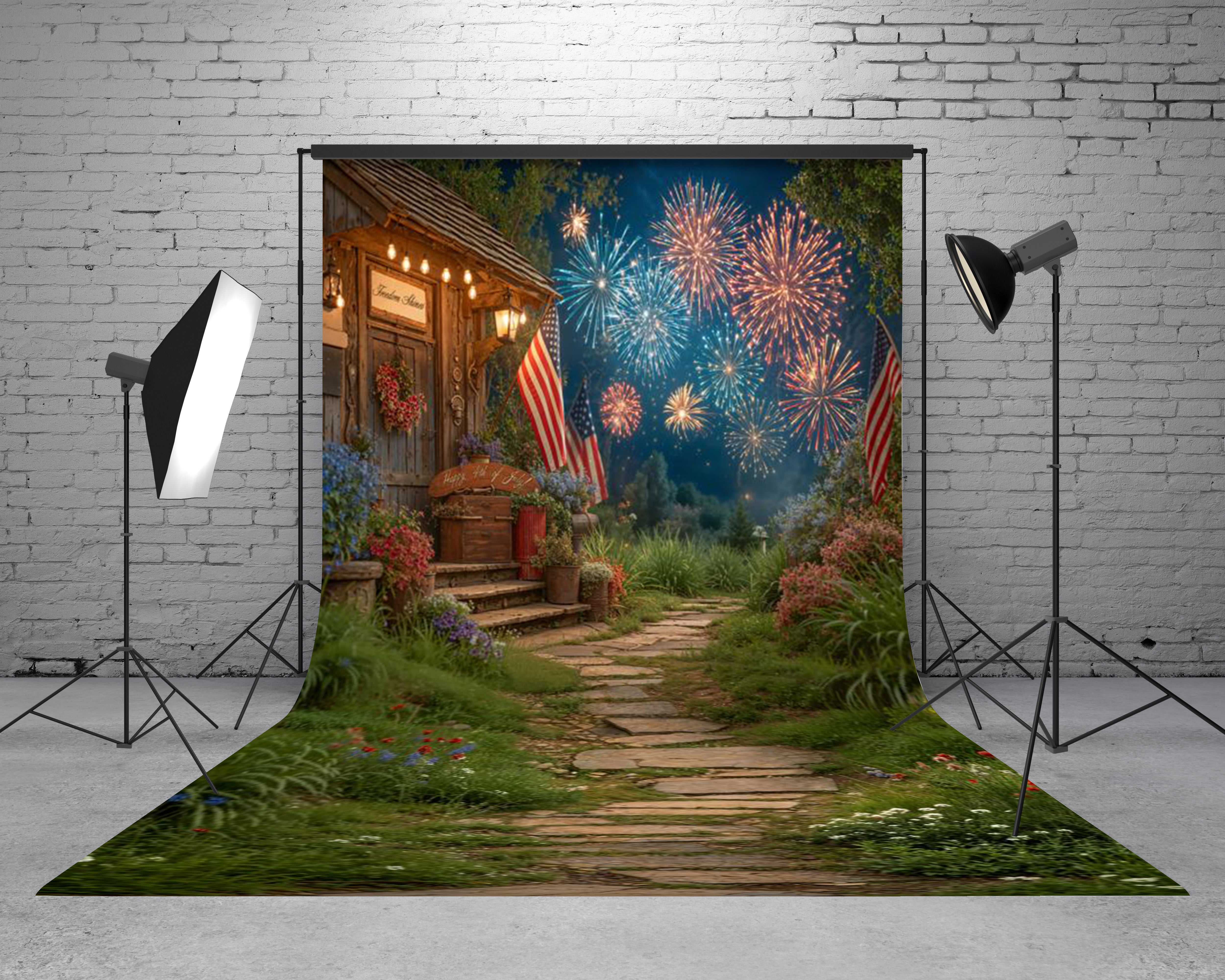 Kate Sweep Fourth Of July Fireworks Porch American Flags Garden Printed Backdrop Designed by Emetselch