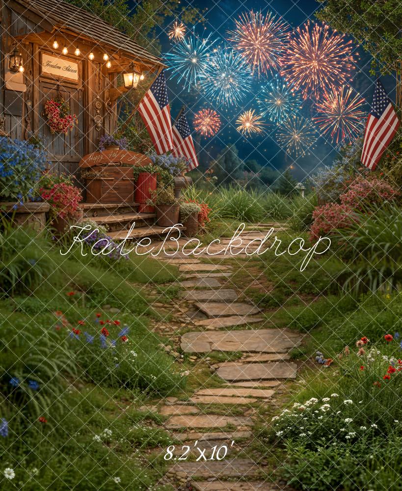 Kate 4th of July Patriotic Fireworks Porch Garden American Flags Printed Backdrop Designed by Emetselch
