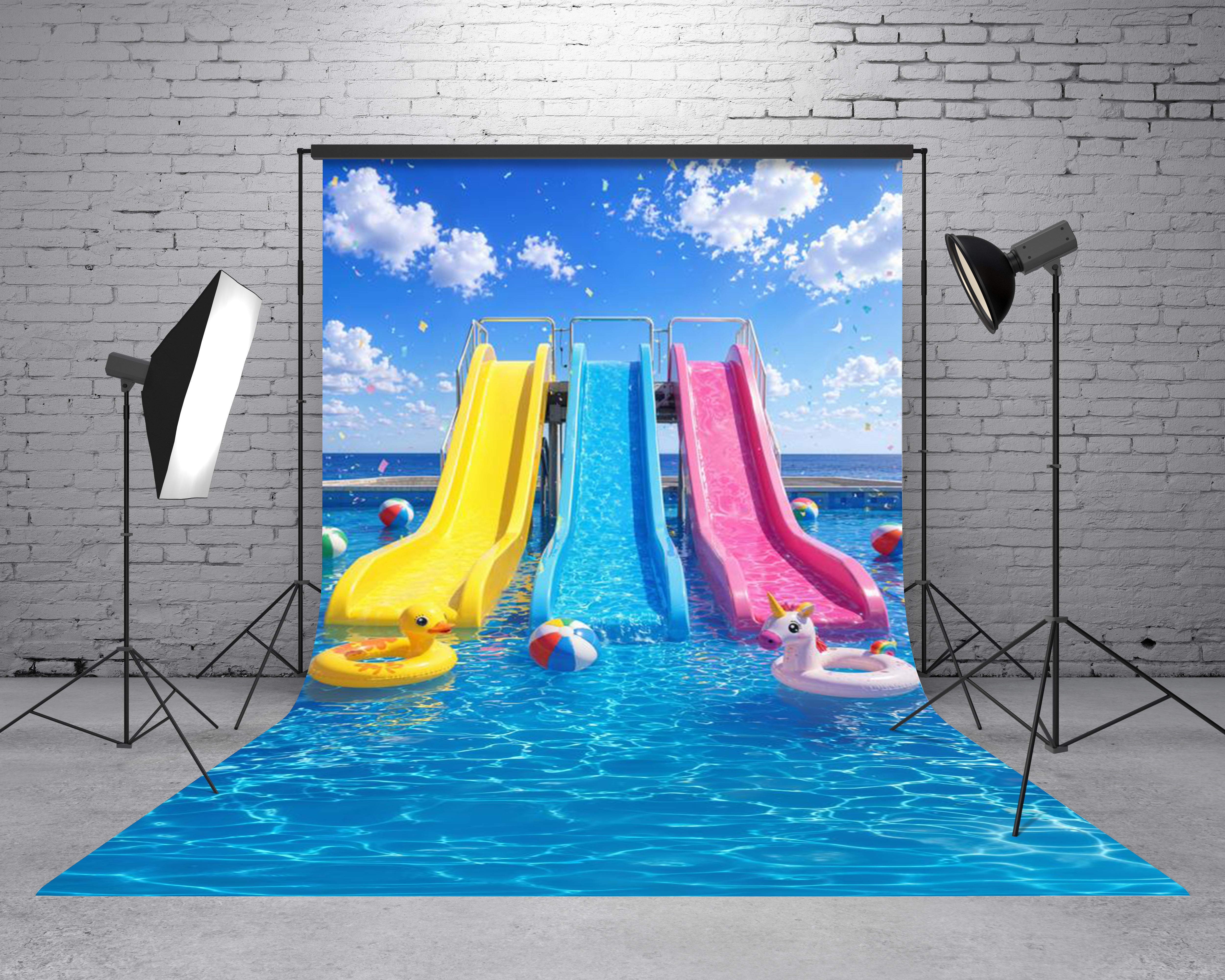 Kate Sweep Summer Water Slides Swimming Pool Balls Pool Floats Printed Backdrop Designed by Emetselch