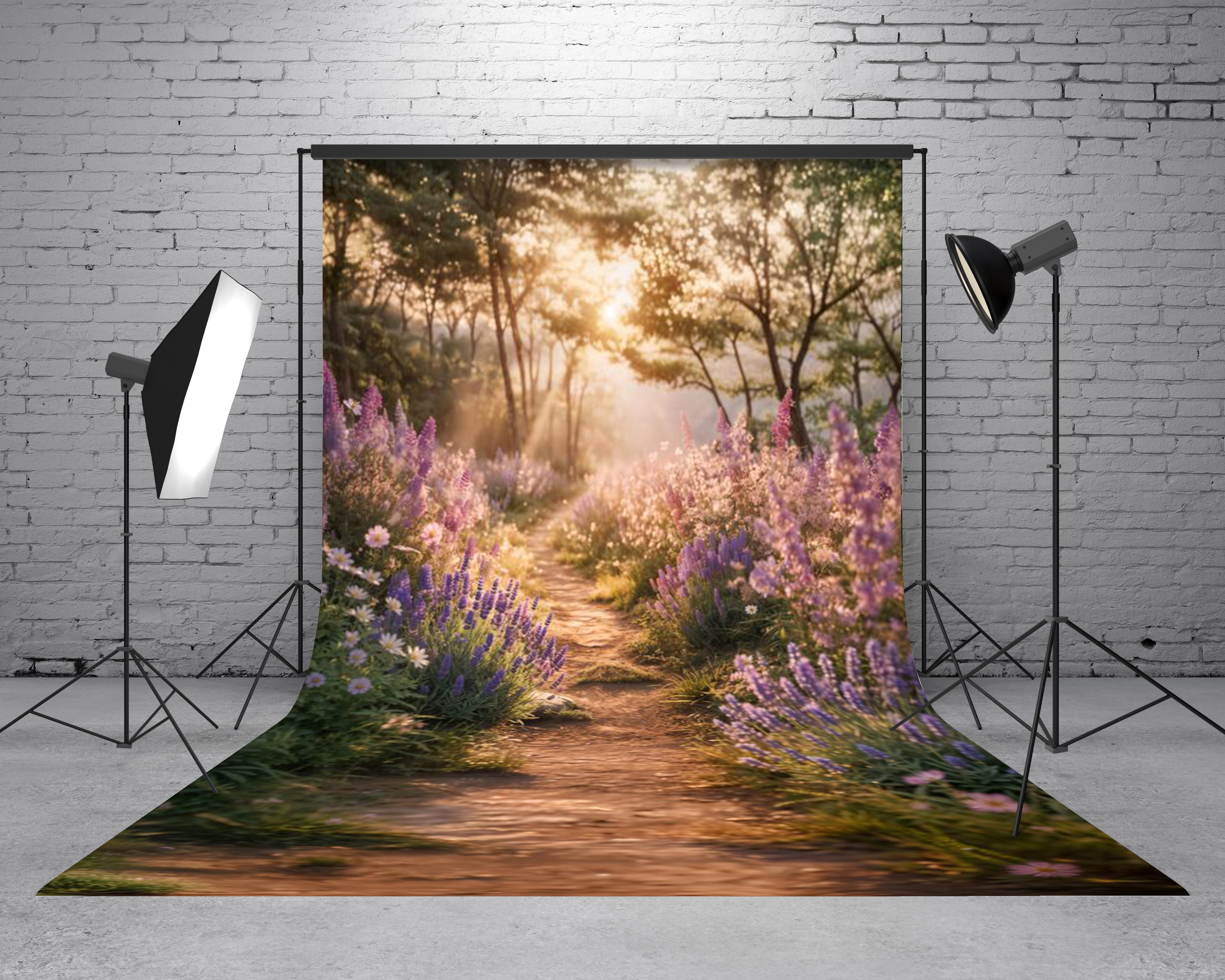 Kate Sweep Spring Forest Path Purple Wildflowers Printed Backdrop Designed by Emetselch