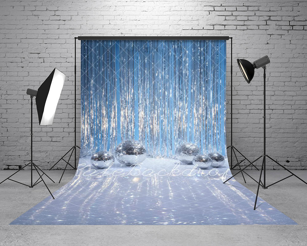 Kate Sweep Disco Silver Balls Tinsel Curtain Blue Printed Backdrop Designed by Emetselch