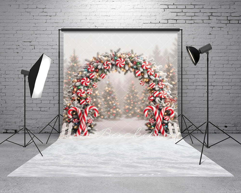 Kate Sweep Christmas Candy Cane Flower Arch Snow Printed Backdrop Designed by Emetselch